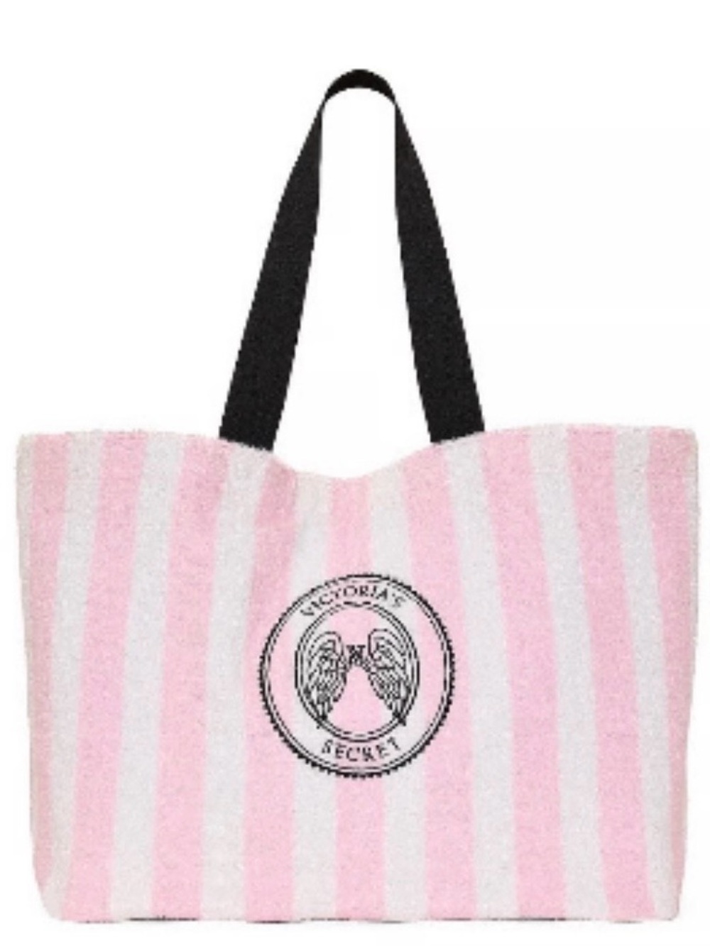 Victoria's Secret Pink and White Striped Tote with Black Handles